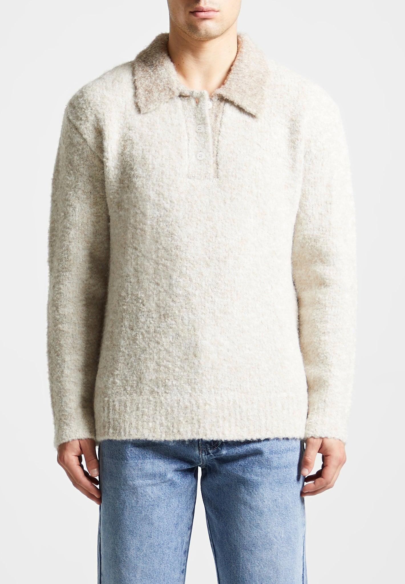 Boucle Knit Contrast Polo Jumper - Cream Male Product Image