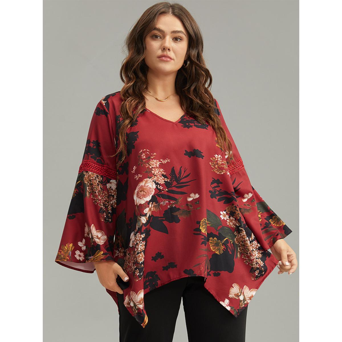 Plus Size Scarlet Floral Lace Panel V Neck Hanky Hem Blouse Women Elegant Long Sleeve V-neck Dailywear Blouses BloomChic 14-16/1X Product Image