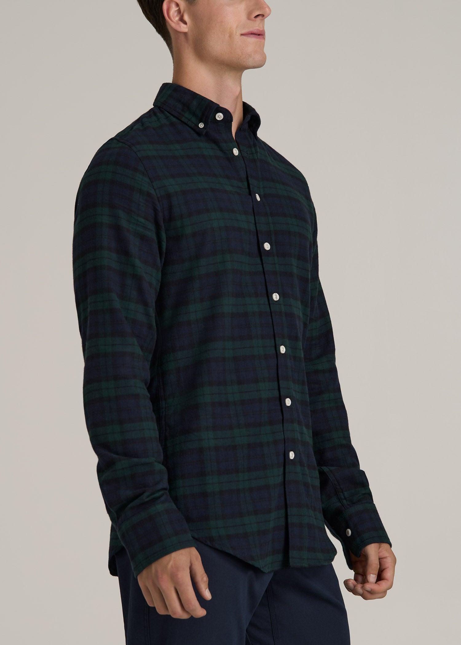 Midweight Brushed Flannel Button Shirt for Tall Men in Blue Herringbone Tartan Product Image