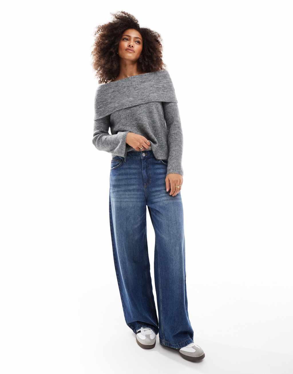 Vero Moda slouchy off shoulder sweater in medium gray melange Product Image