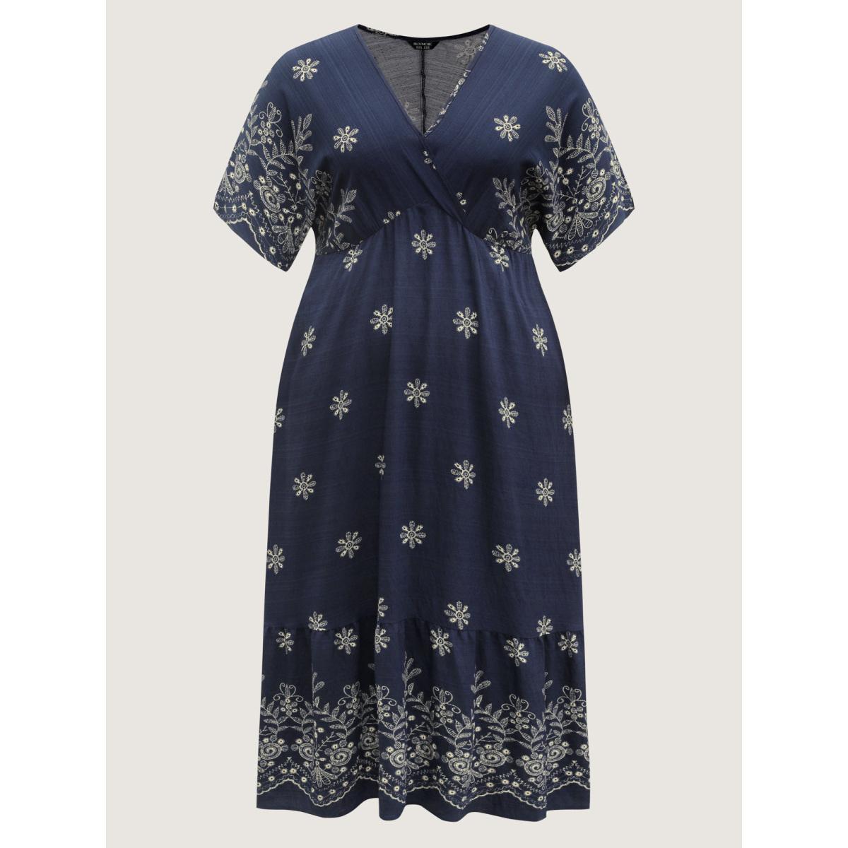 Plus Size Surplice Neck Split Side Pockets Midi Dress Midnight Women Overlapping Overlap Collar Half Sleeve Curvy BloomChic 12/L Product Image