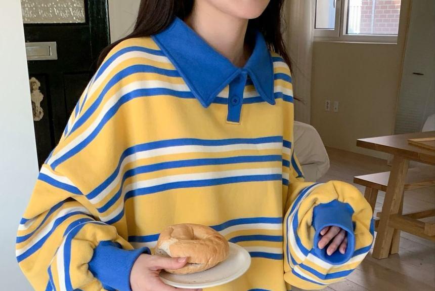 Striped Loose-Fit Polo Pullover Product Image