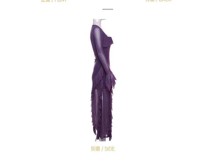 Flared-Sleeve Square Neck Plain Ruffle Maxi Sheath Dress Product Image