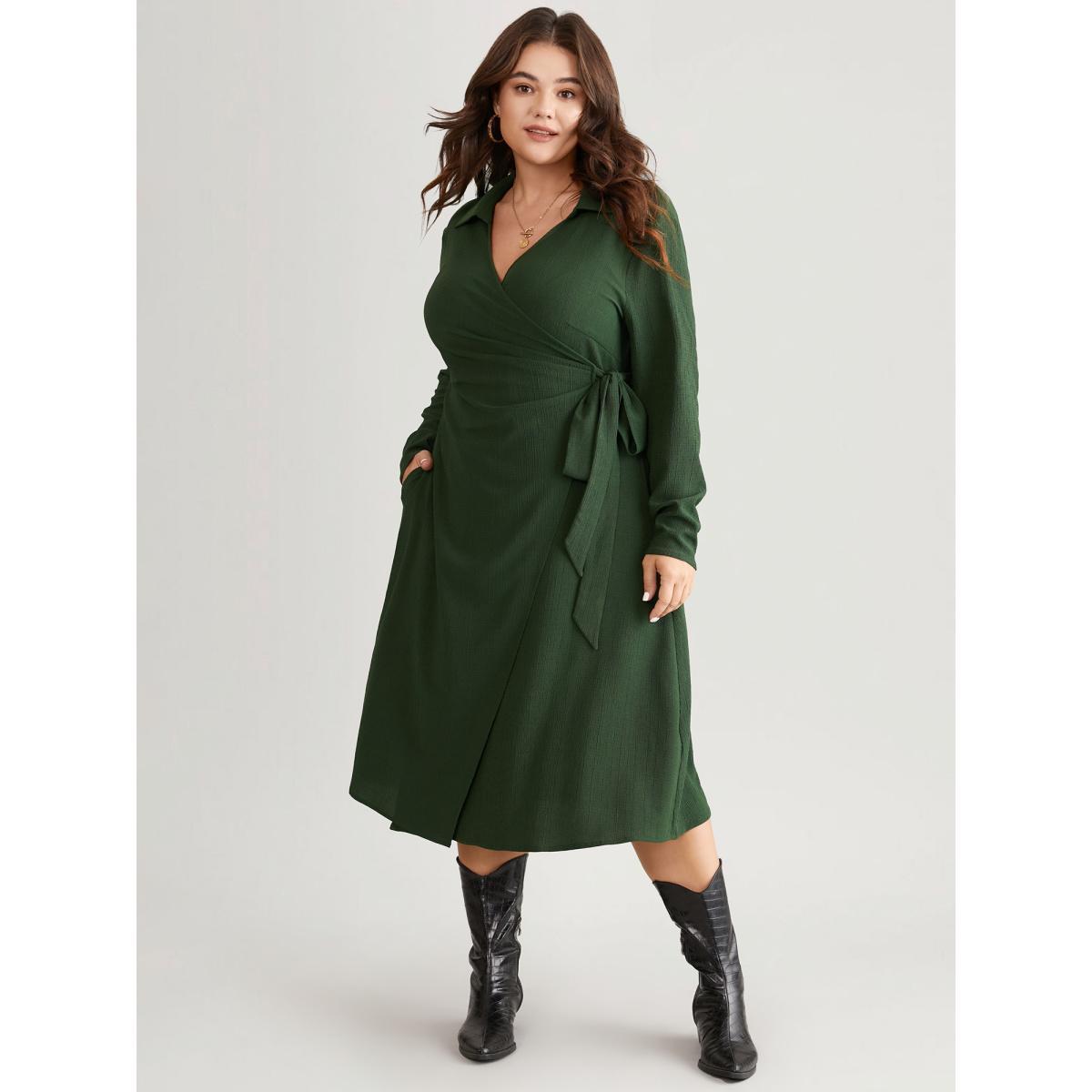 Plus Size Plisse Surplice Neck Bowknot Side Wrap Hem Dress ArmyGreen Women Casual Texture Overlap Collar Long Sleeve Curvy Midi Dress BloomChic 10/M Product Image