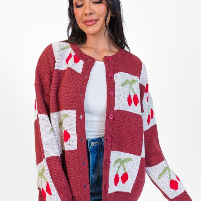 Cherry Much In Love Brick and White Multi Checkered Cardigan FINAL SALE Product Image