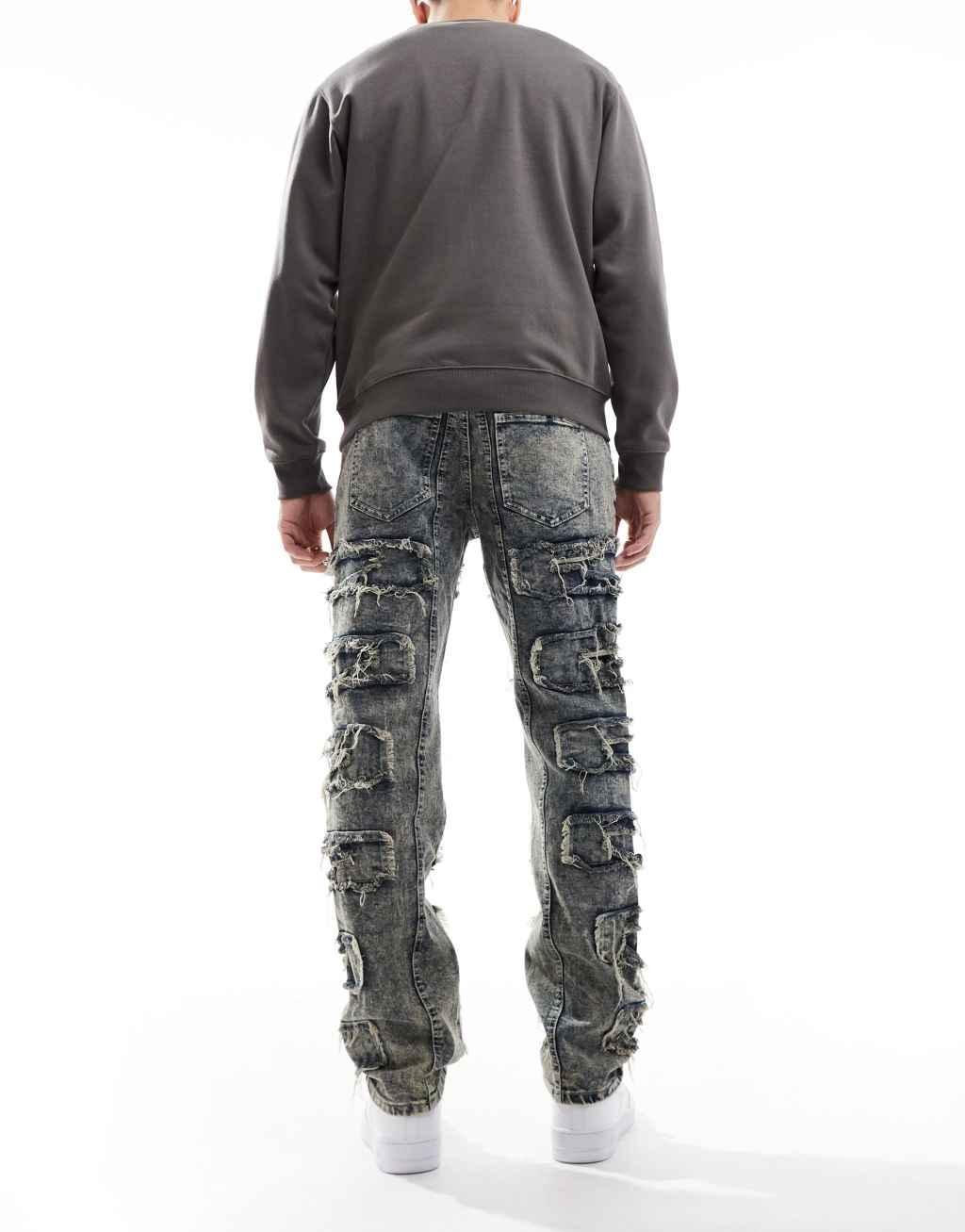 Liquor N Poker frayed stacked denim jean in stone wash Product Image