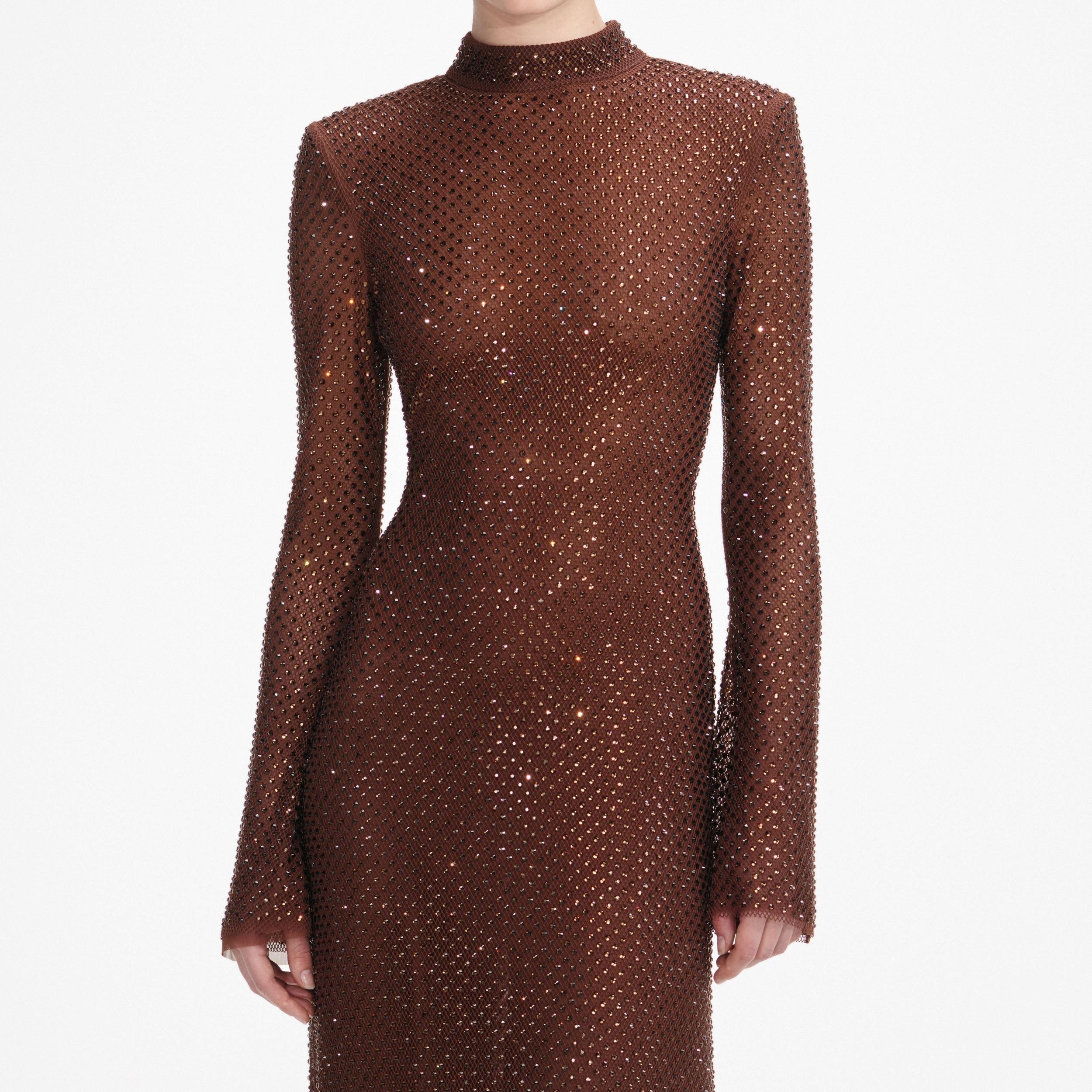 Brown Rhinestone Mesh Maxi Dress Product Image