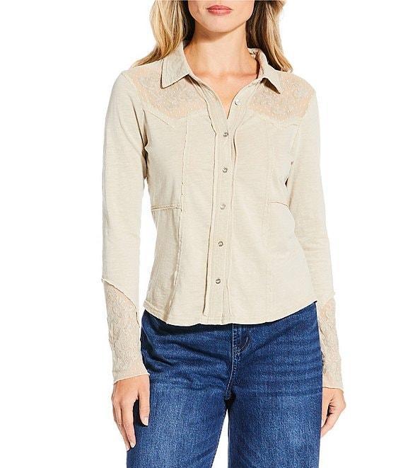 Reba Anissa Point Collar Long Sleeve Embroidered Button Front Top Product Image