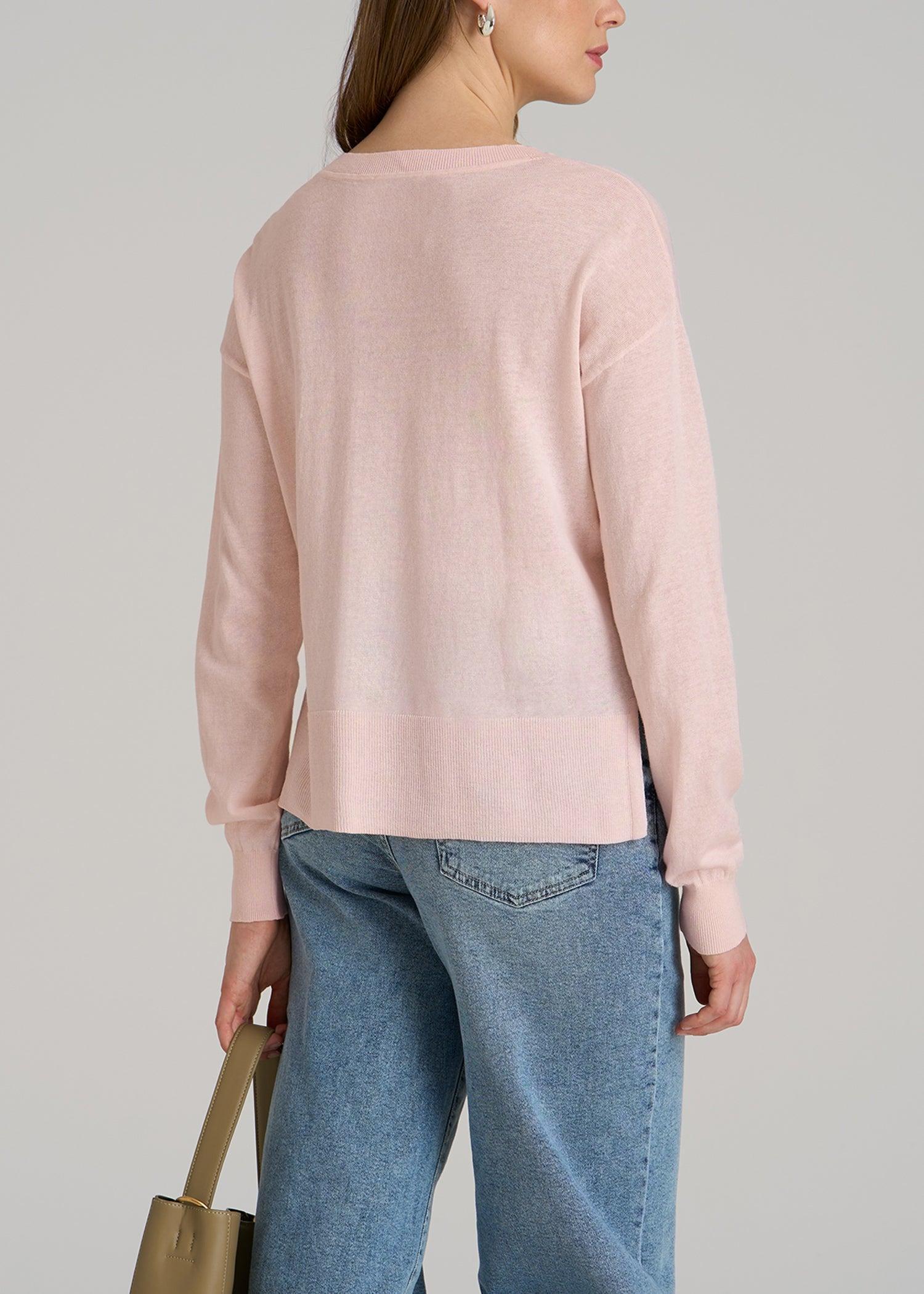 Linen Blend Split Hem V-Neck Sweater for Tall Women in Hush Pink Product Image