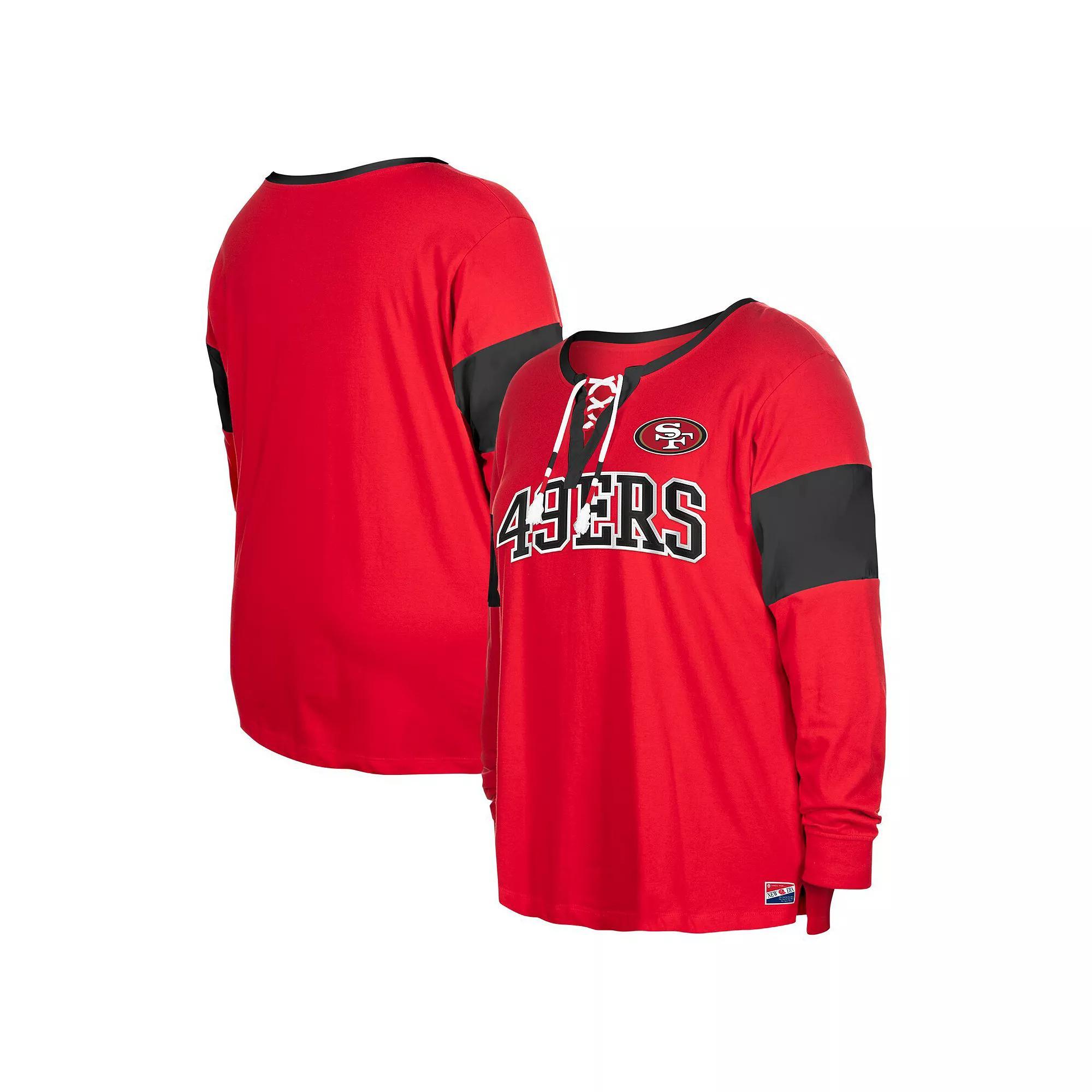 Women's New Era Scarlet San Francisco 49ers Plus Size Lace-Up Notch Neck Long Sleeve T-Shirt, Size: 4XL, Red Product Image
