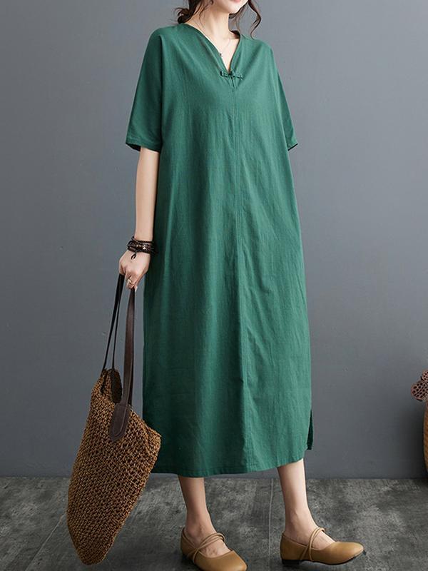 A-Line Loose Chinese Frog Buttons Pockets Solid Color Split-Side V-Neck Midi Dresses Product Image
