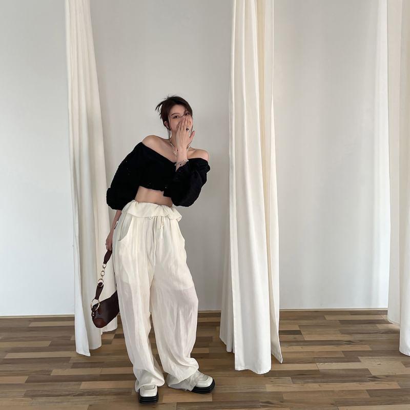 Bell-Sleeve Off-Shoulder Perforated Crop Blouse Product Image