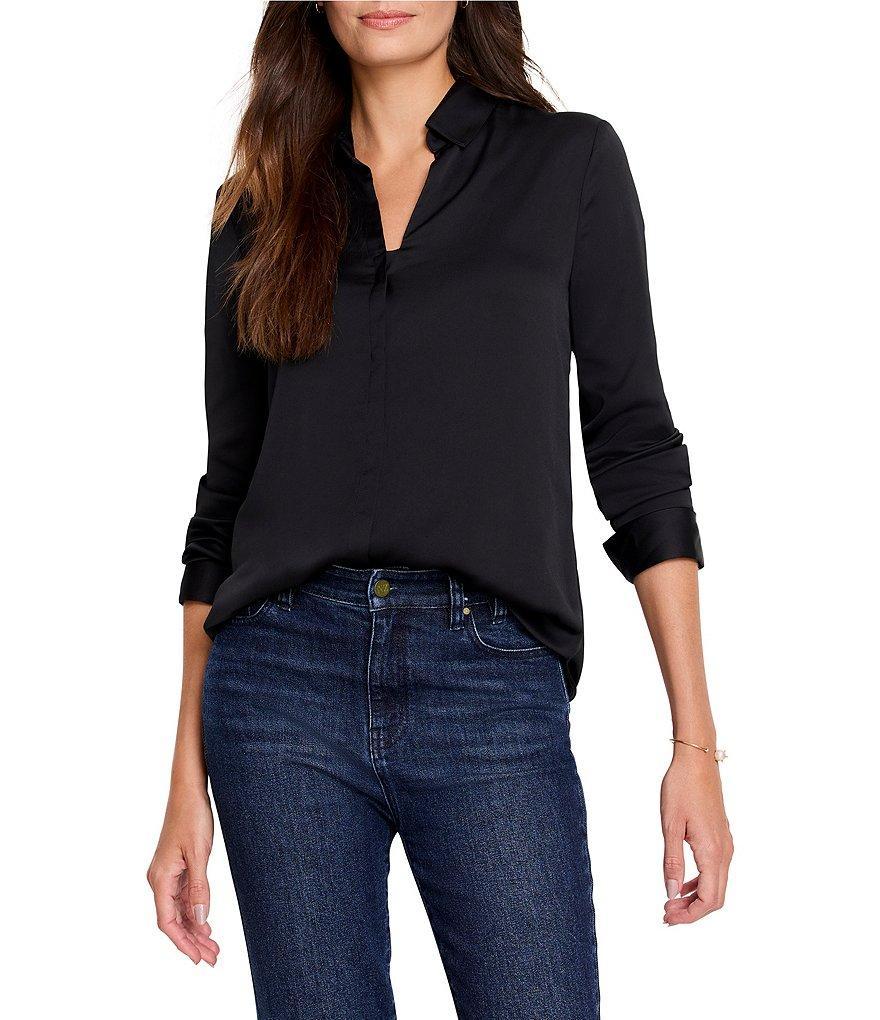 NIC + ZOE Woven Point Collar V-Neck Long Sleeve Button Front Shirt Product Image