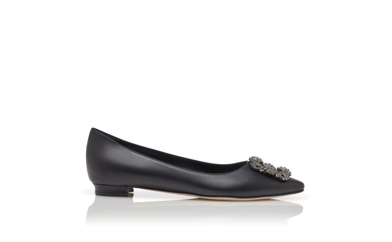 HANGISIFLAT Black Calf Leather Jewel Buckle Flat Pumps Product Image