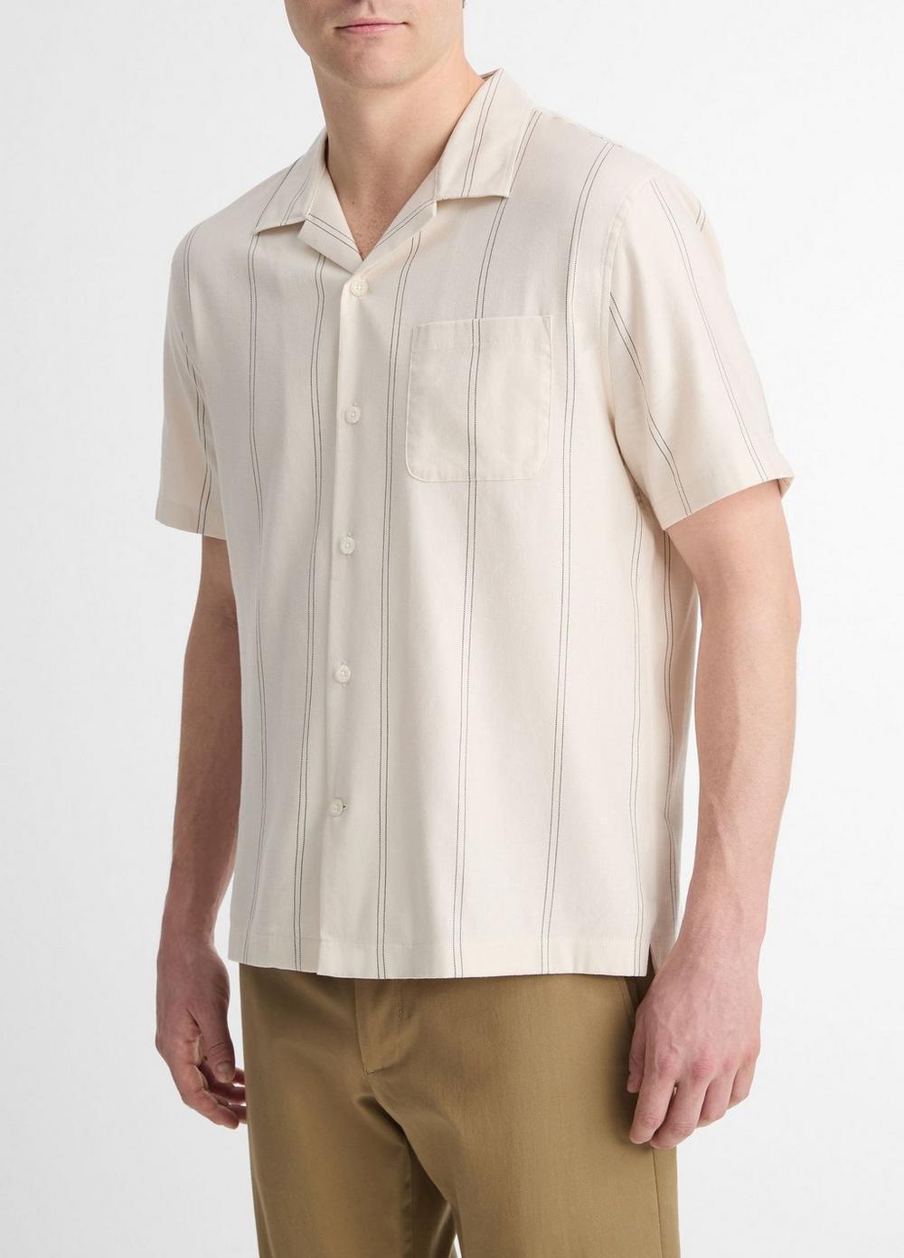 Mens Sunfair Stripe Cotton-Blend Short-Sleeve Shirt, Full Moon/soft Black, Size XL Vince Product Image