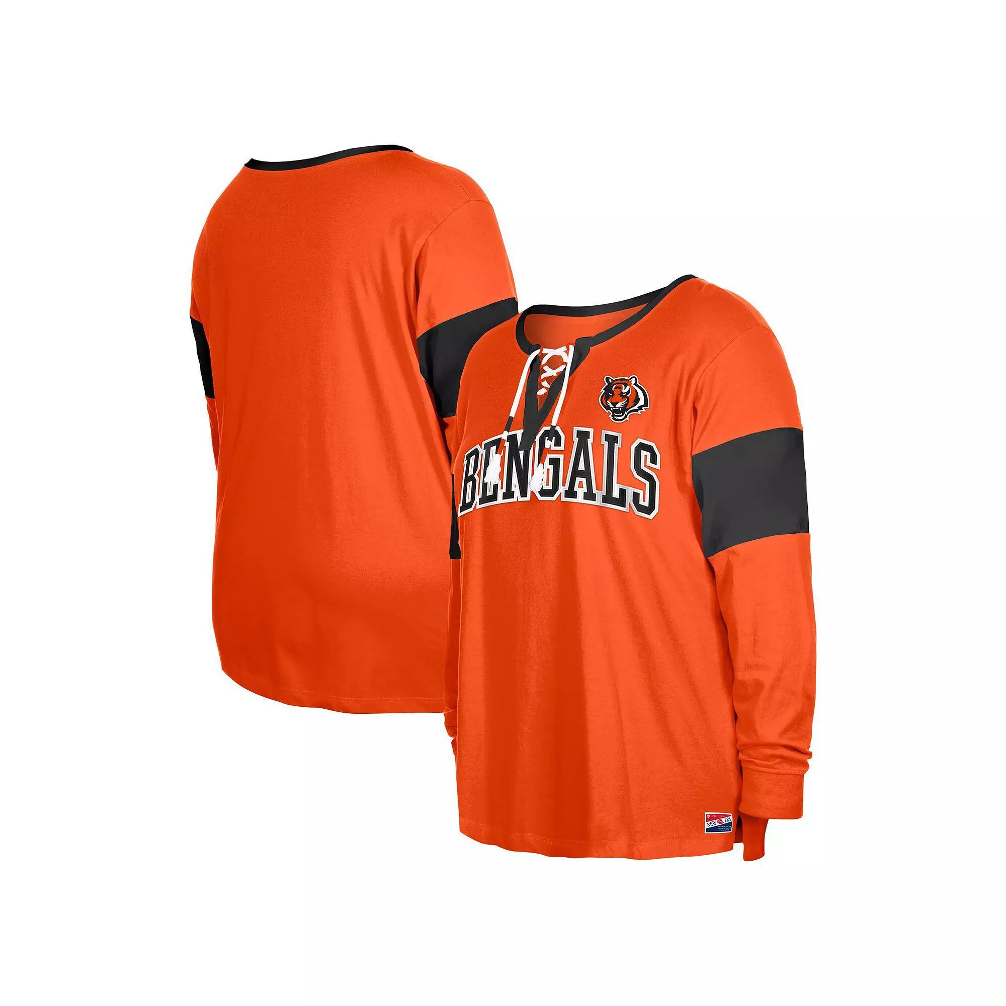Women's New Era Orange Cincinnati Bengals Plus Size Lace-Up Notch Neck Long Sleeve T-Shirt, Size: 1XL Product Image