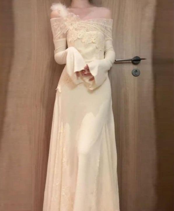 Long Sleeve Cold Shoulder Plain Floral Applique Lace Panel Knit Maxi A-Line Dress Product Image