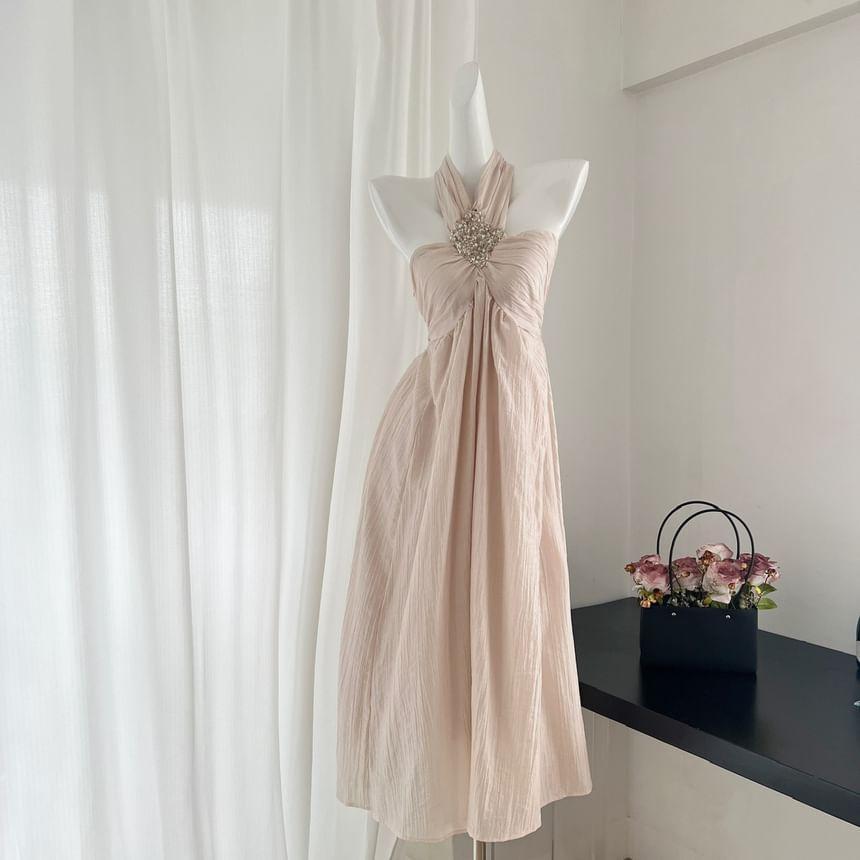 Halter Neck Plain Maxi A-Line Dress Product Image