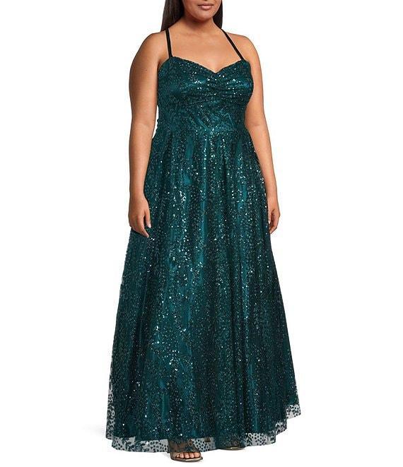 Blondie Nites Plus Size Glitter Dot Pattern Sweetheart Neck Pinch Front Spaghetti Strap Tie Back Ballgown Product Image