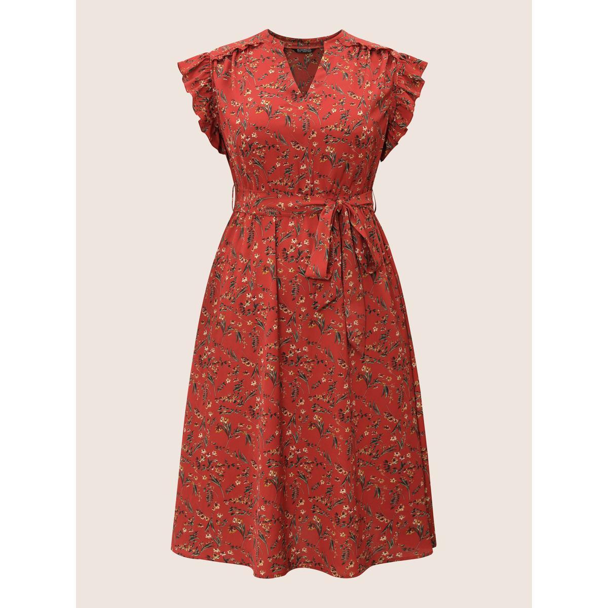 Plus Size Floral Print Frill Notched Flutter Sleeve Dress Raspberry Women Elegant Non Notched collar Sleeveless Curvy Midi Dress BloomChic 22-24/3X Product Image