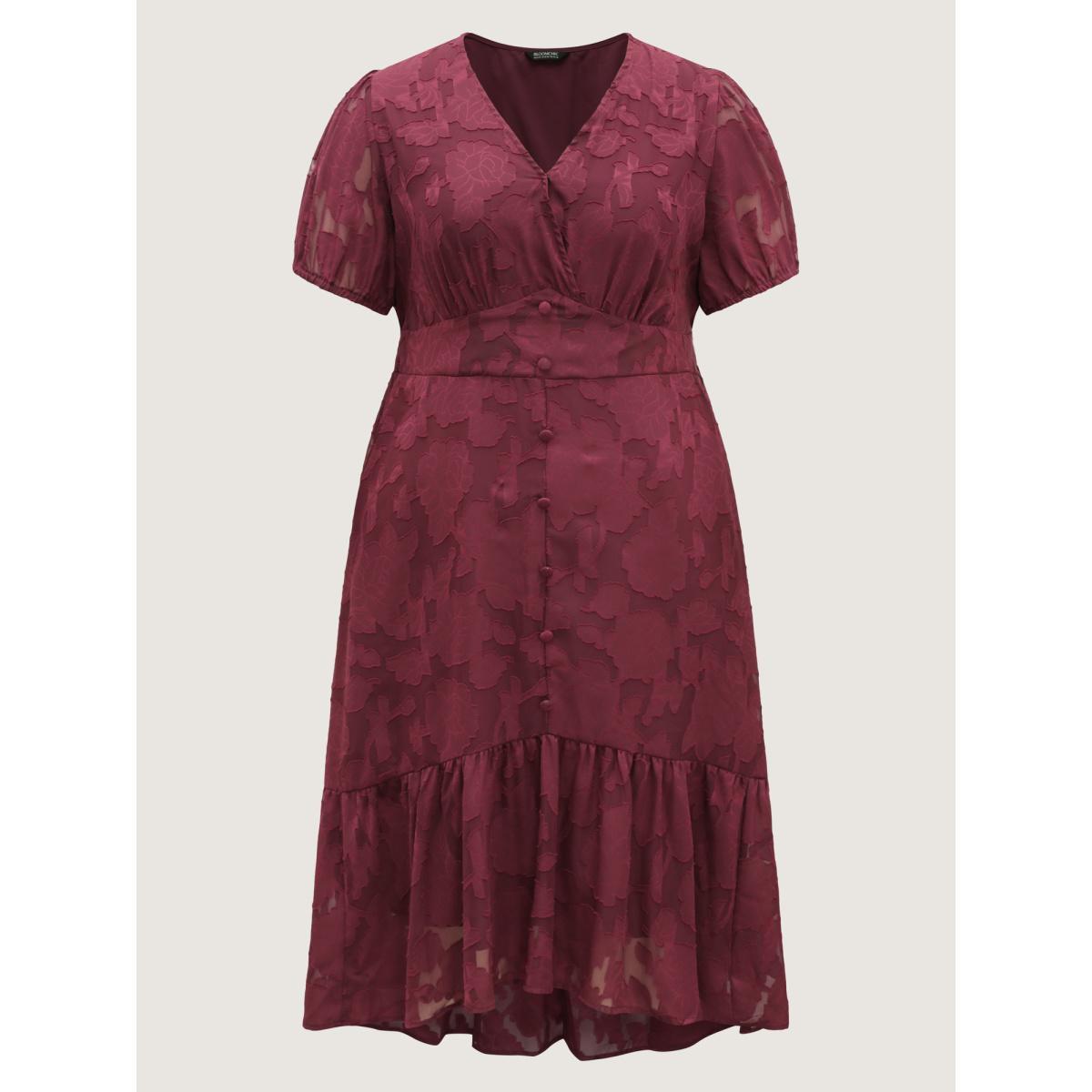 Plus Size Solid Textured Lantern Sleeve Button Detail Dress Burgundy Women Elegant Button V-neck Short sleeve Curvy BloomChic 12/L Product Image
