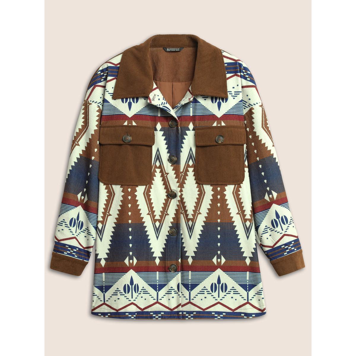 Plus Size Geometric Patchwork Corduroy Patched Pocket Jacket Women DarkBrown Lined Pocket Everyday Jackets BloomChic 18-20/2X Product Image