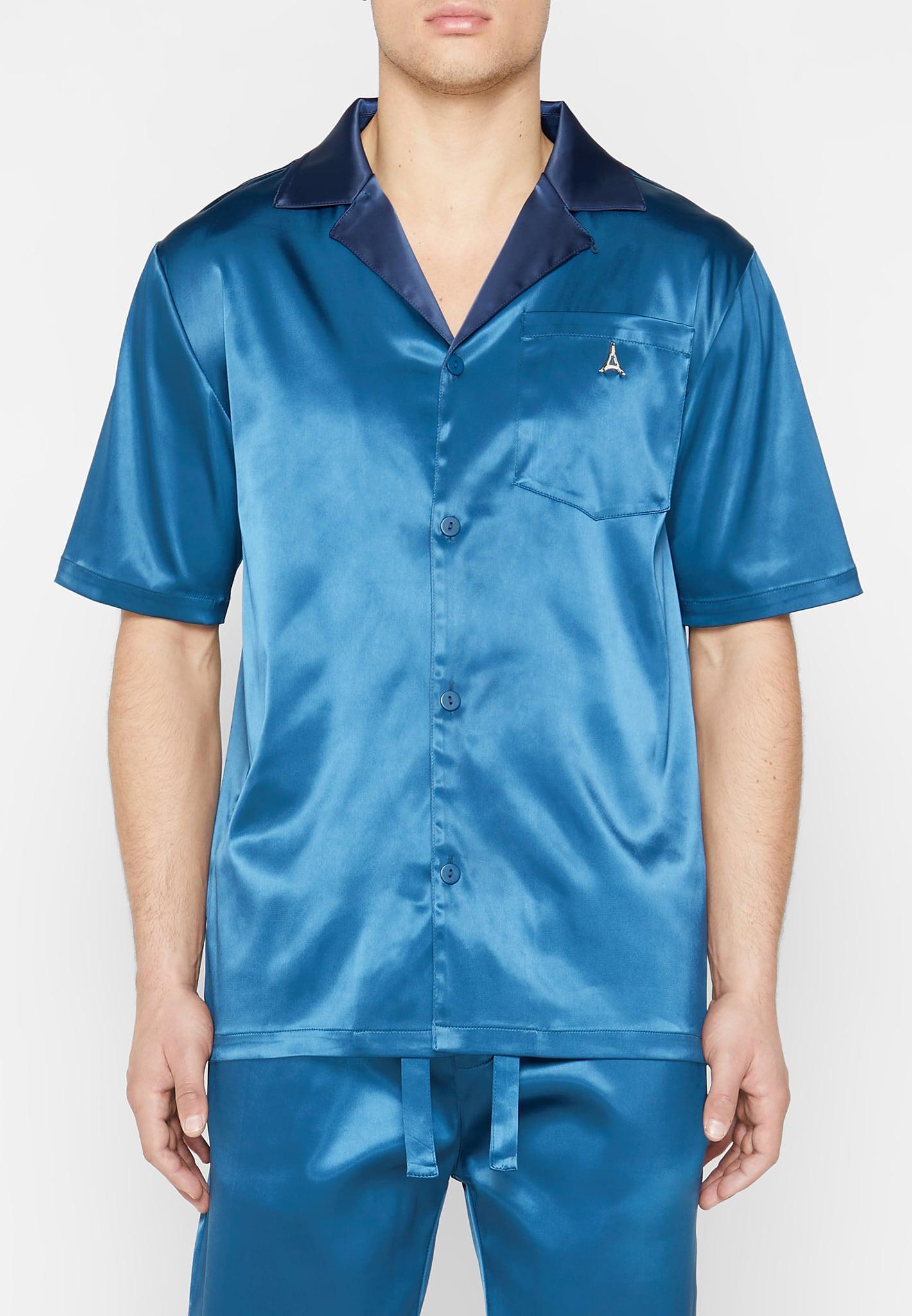 Satin Contrast Collar Shirt - Navy Male Product Image