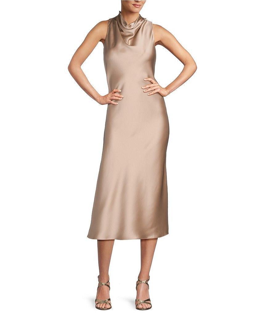 Antonio Melani Marine Satin Halter Cowl Neck Sleeveless Midi Slip Dress Product Image