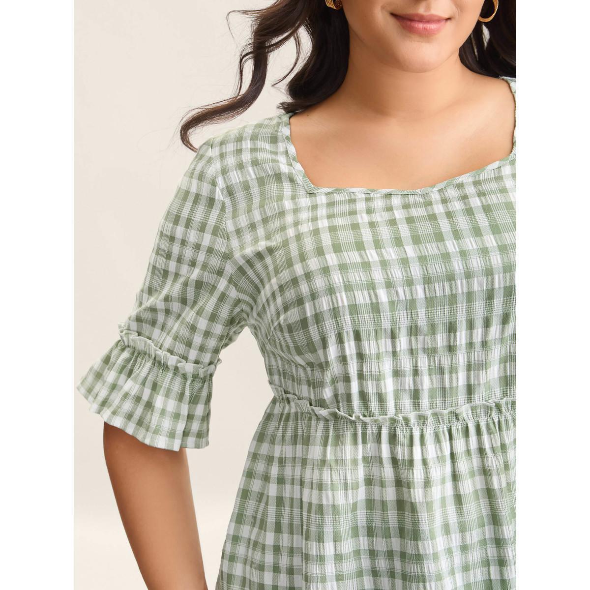Plus Size Greenbean Plaid Pattern Ruffled Sleeve Babydoll Top Women Half Sleeve Square Neck Everyday-Elegant Blouses BloomChic 26/4X Product Image