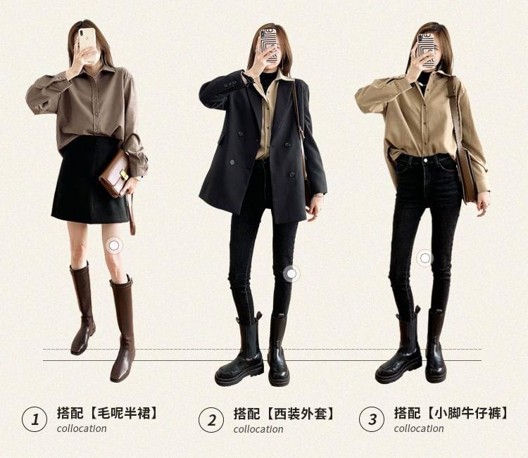 Long-Sleeve Plain Button-Up Corduroy Shirt Product Image