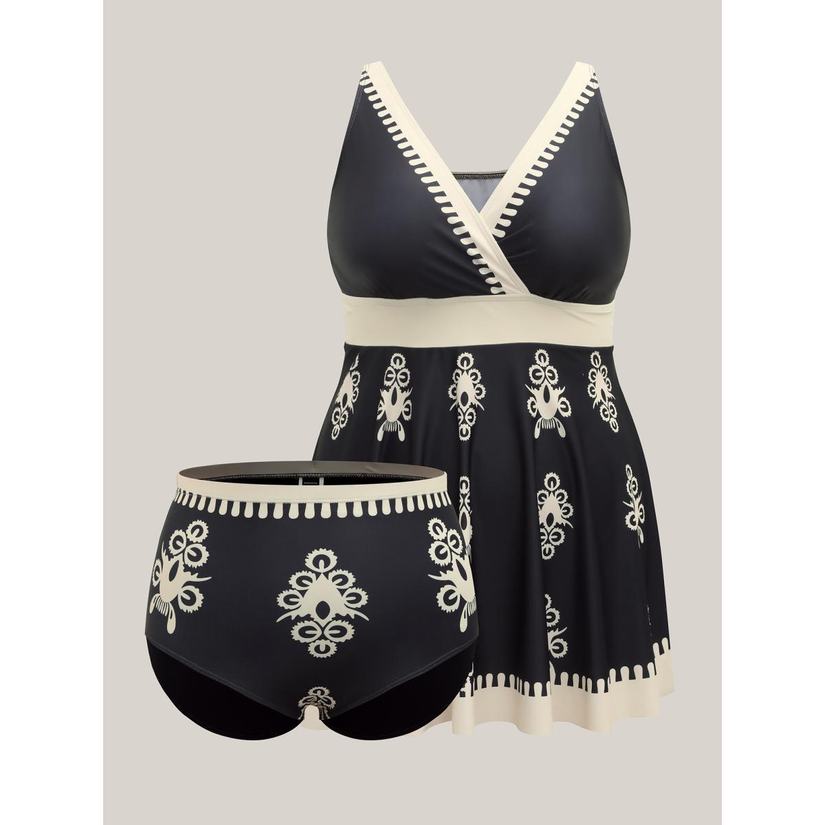Plus Size Boho Flower Print Surplice Swim Dress Women's Swimwear DarkGreen Beach Bodycon Overlap Collar High stretch Curve Swim Dresses BloomChic 28/5X Product Image