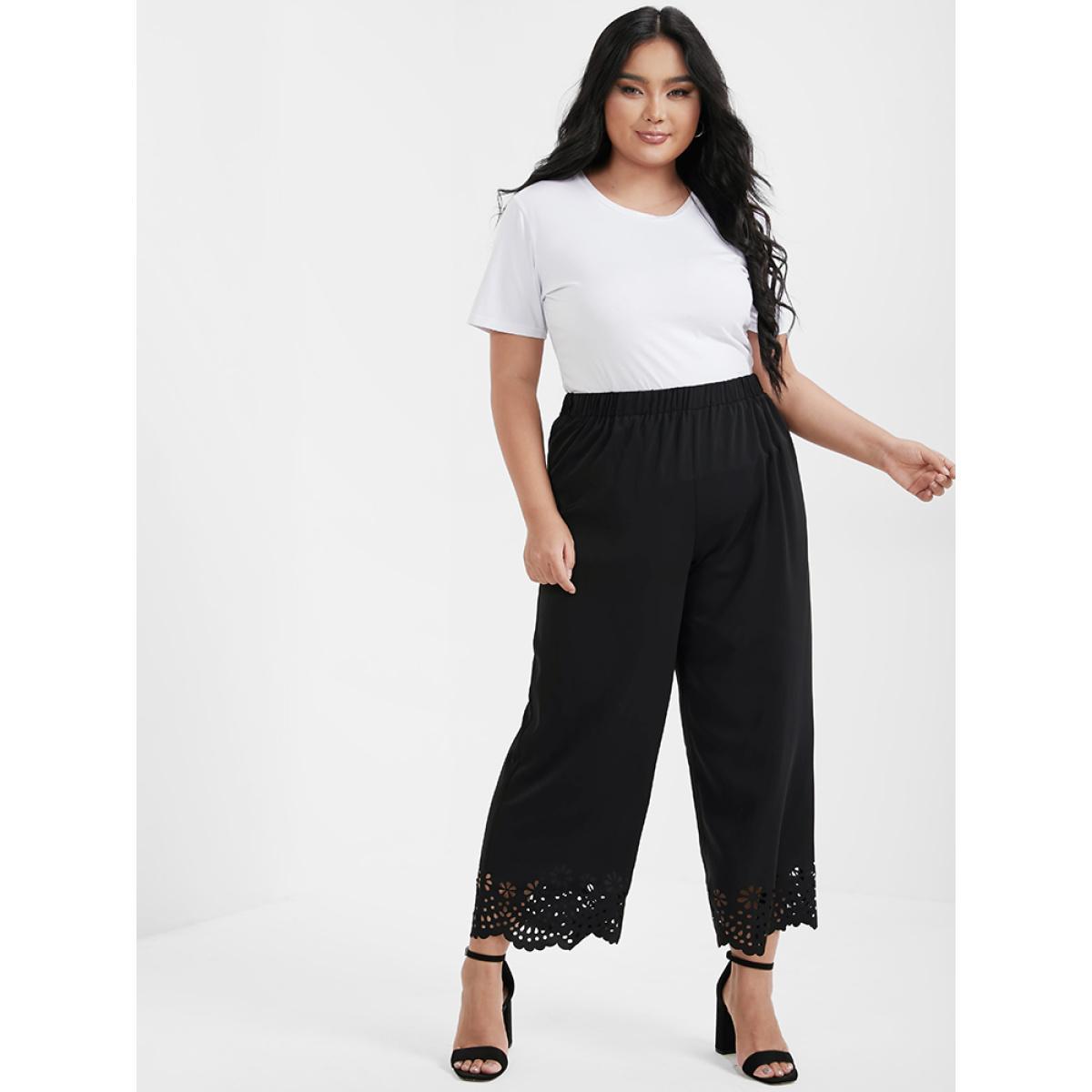 Plus Size Broderie Anglaise Elastic Waist Loose Pants Women Black Elegant Loose High Rise Dailywear Pants BloomChic 14-16/1X Product Image