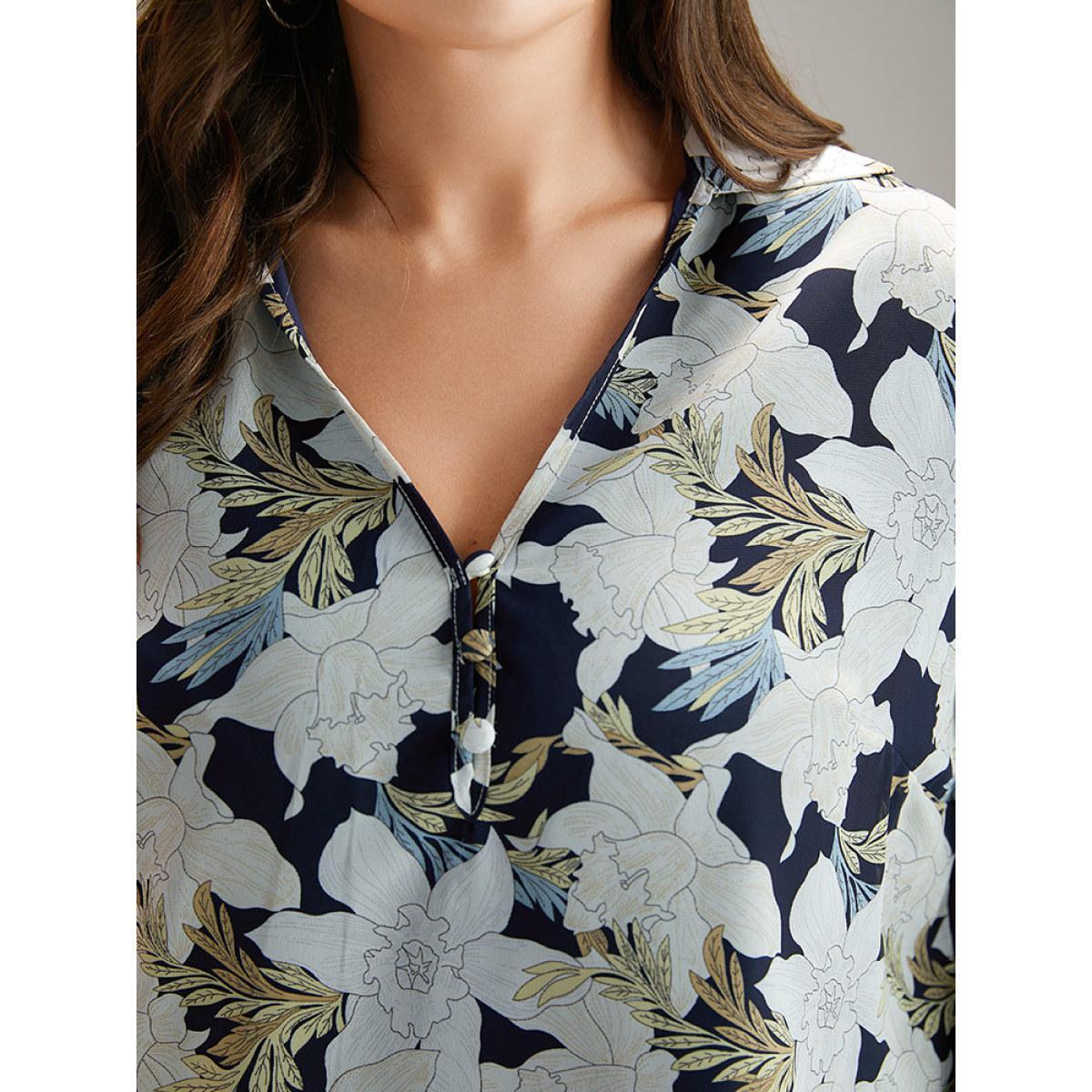 Plus Size DarkBlue Chiffon Silhouette Floral Print Shirred Frill Trim Blouse Women Elegant Long Sleeve V-neck Dailywear Blouses BloomChic 26/4X Product Image