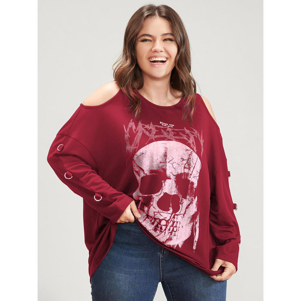 Plus Size Halloween Skull Print Cold Shoulder Sweatshirt Women Scarlet Elegant Printed Round Neck Dailywear Sweatshirts BloomChic 26/4X Product Image