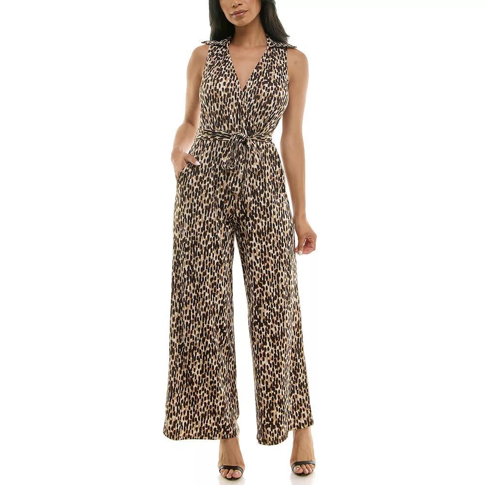 Womens Nina Leonard Print Collared Sleeveless Surplice Wide-Leg Jumpsuit Product Image