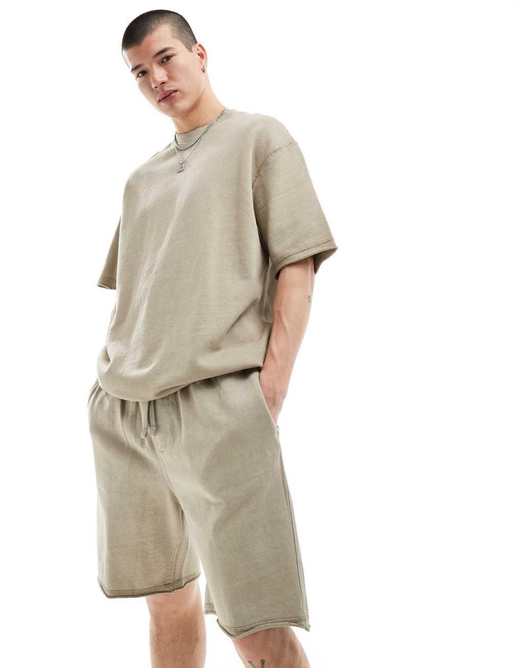 Bershka raw edge washed shorts in stone - part of a set Product Image