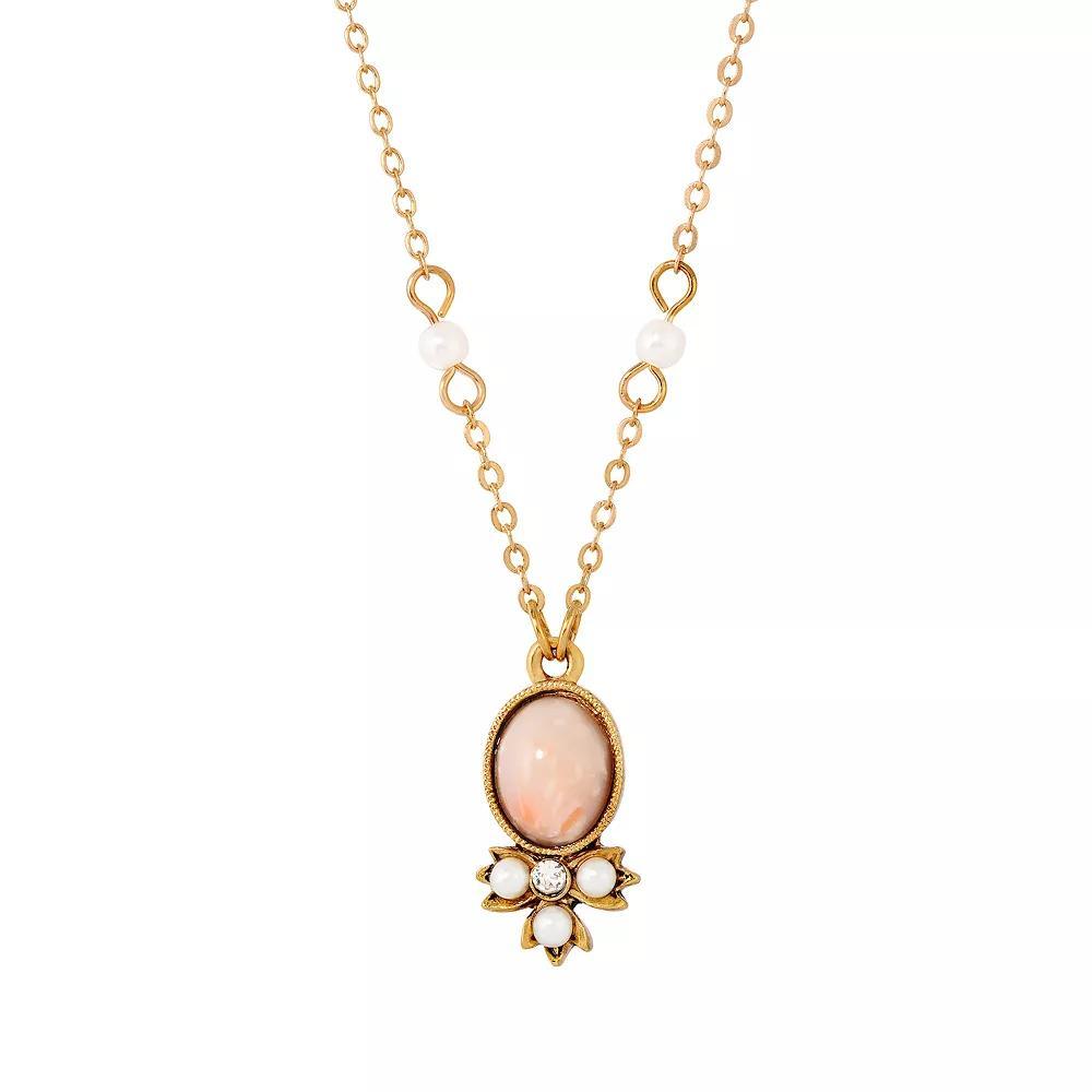 1928 Gold Tone Peach Color Simulated Pearl and Crystal Drop Necklace, Women's, White Product Image