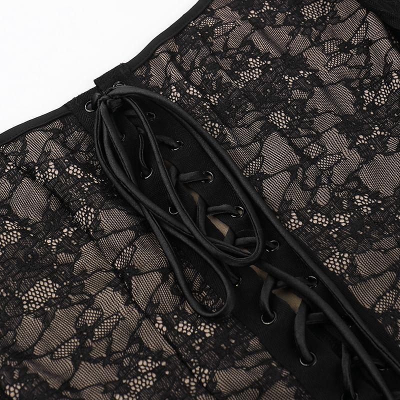 Long Sleeve Square Neck Lace Up Panel Lace Maxi Sheath Dress Product Image