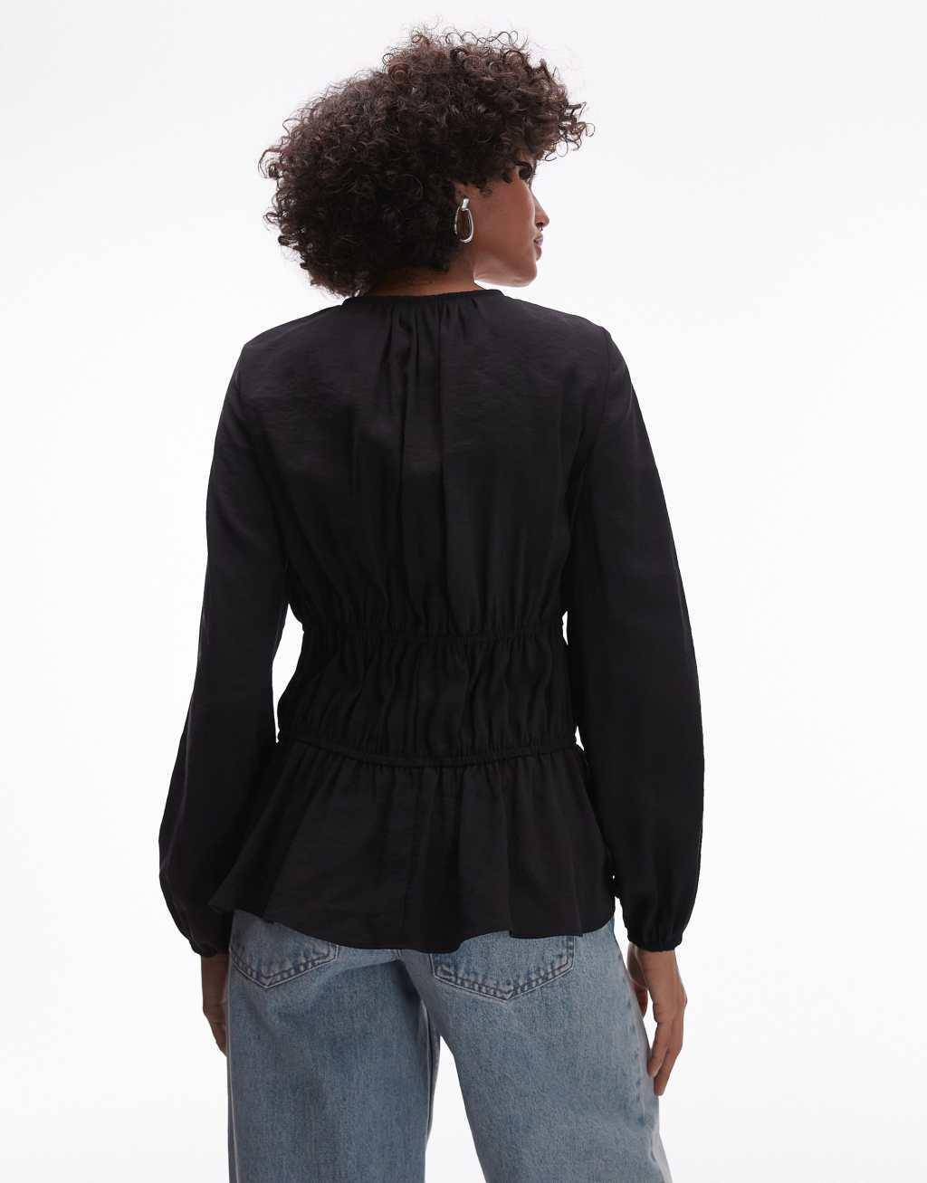 Topshop soft touch tie front tiered top in black Product Image