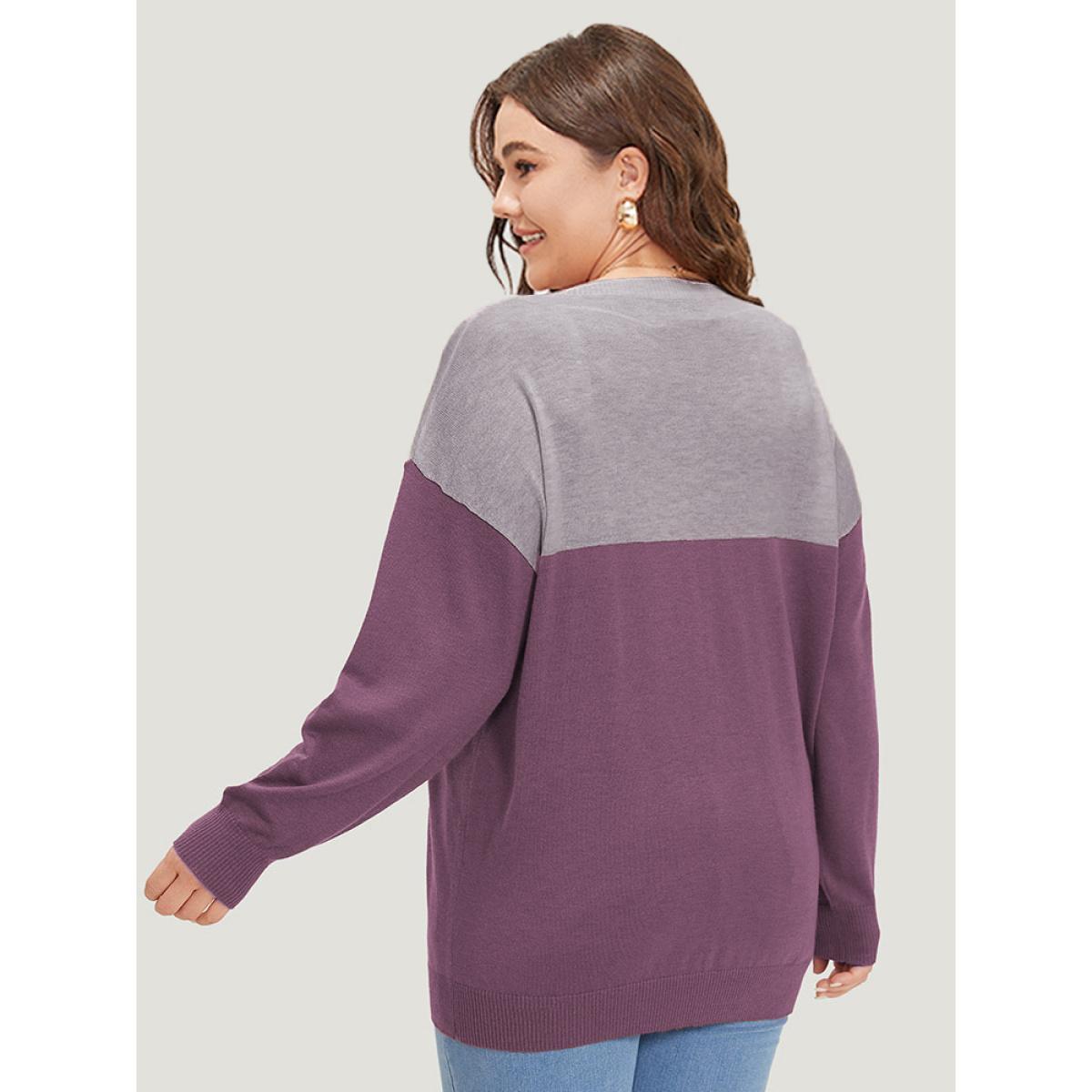 Plus Size Supersoft Essentials Colorblock Two Tone Patchwork V Neck Pullover Mauve Women Casual Loose Long Sleeve V-neck Dailywear Pullovers BloomChic 14-16/1X Product Image