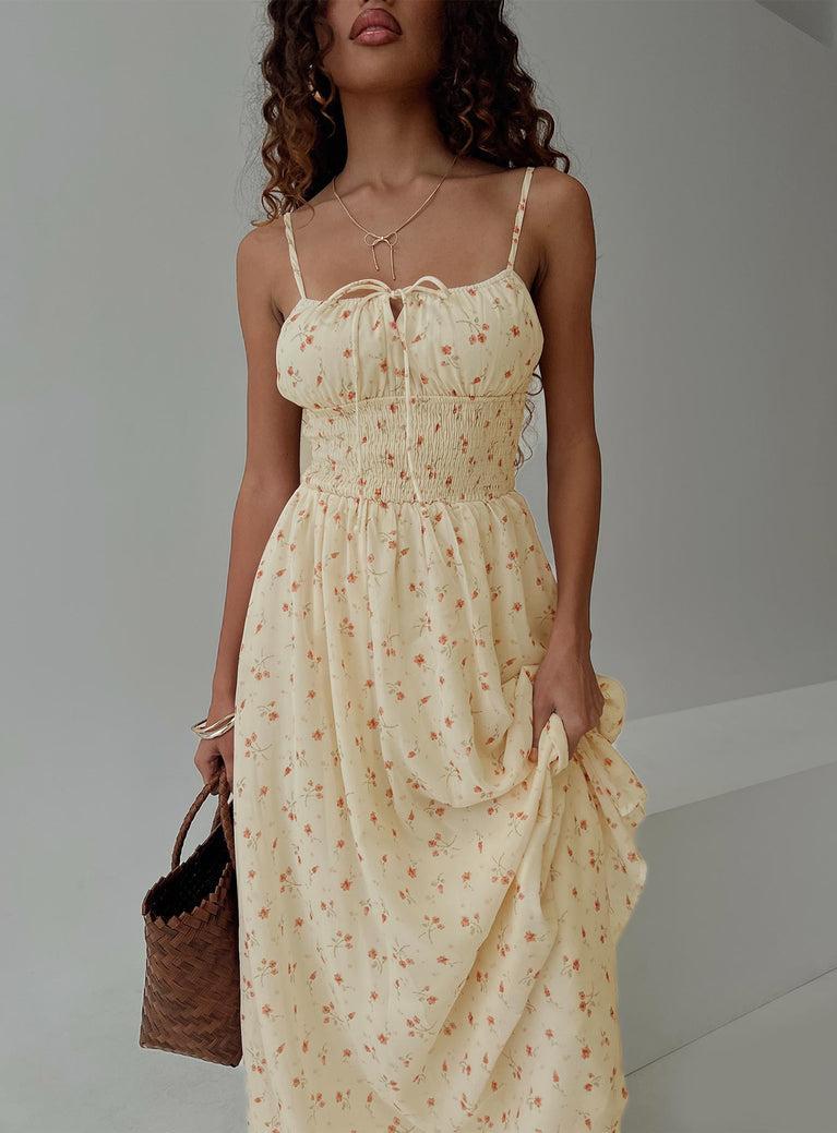 Pearle Shirred Maxi Dress Cream Floral Product Image