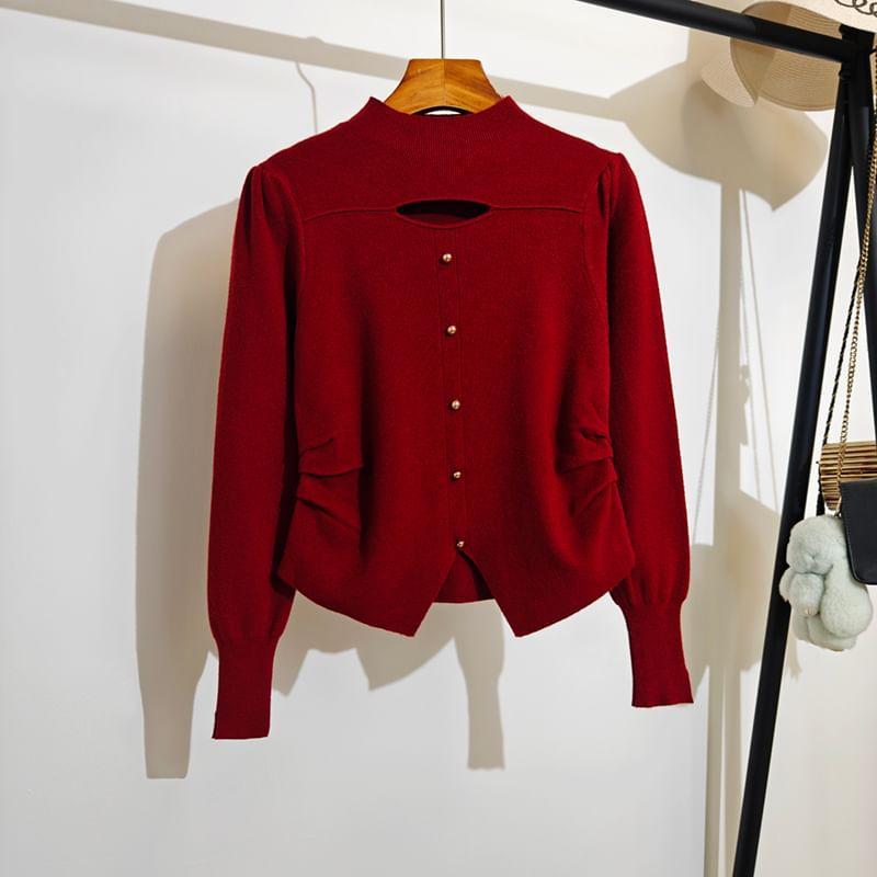 Long Sleeve Mock Neck Cut Out Button Up Knitted Top Product Image