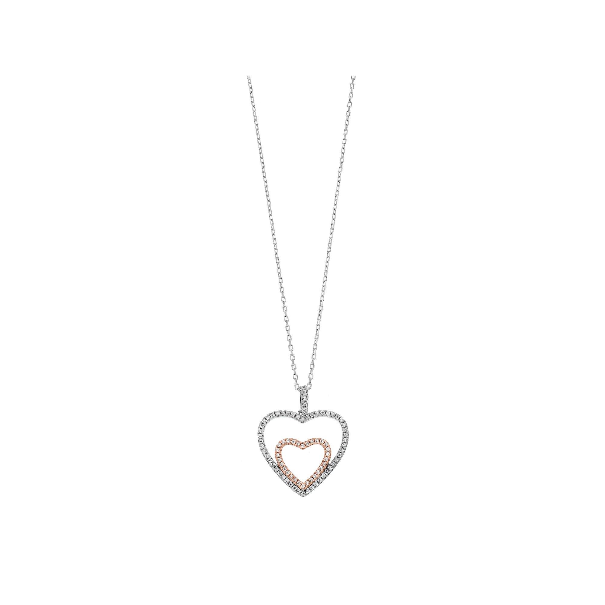 Two Tone Sterling Silver Cubic Zirconia Double Heart Pendant Necklace, Women's, Size: 18" Product Image