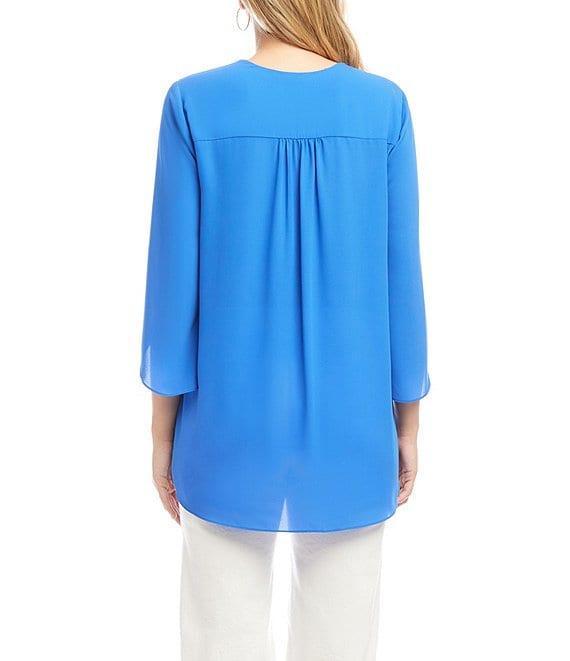 Karen Kane V-Neck 3/4 Flare Sleeve Asymmetric Crossover Hem Top Product Image