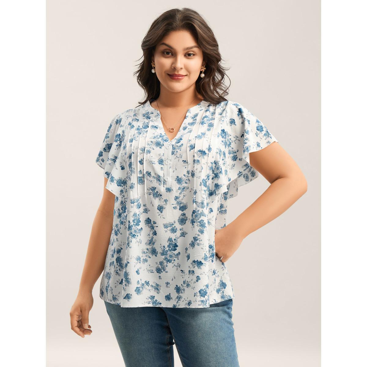 Plus Size Originalwhite Floral Toothpick Pleat Sheer Blouse Women Short sleeve Notched collar Everyday-Elegant Blouses BloomChic 14-16/1X Product Image
