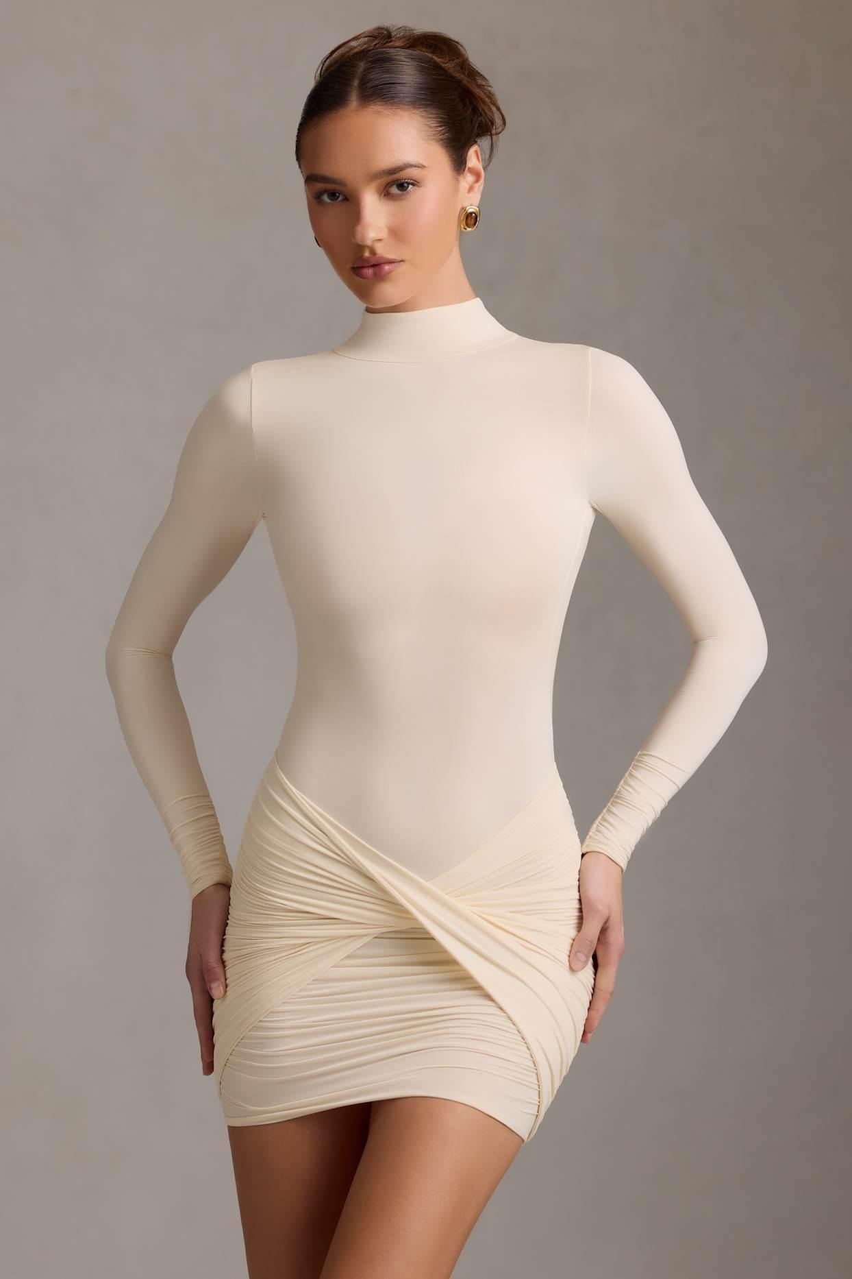 Ruched Backless Turtleneck Mini Dress in Ivory Product Image