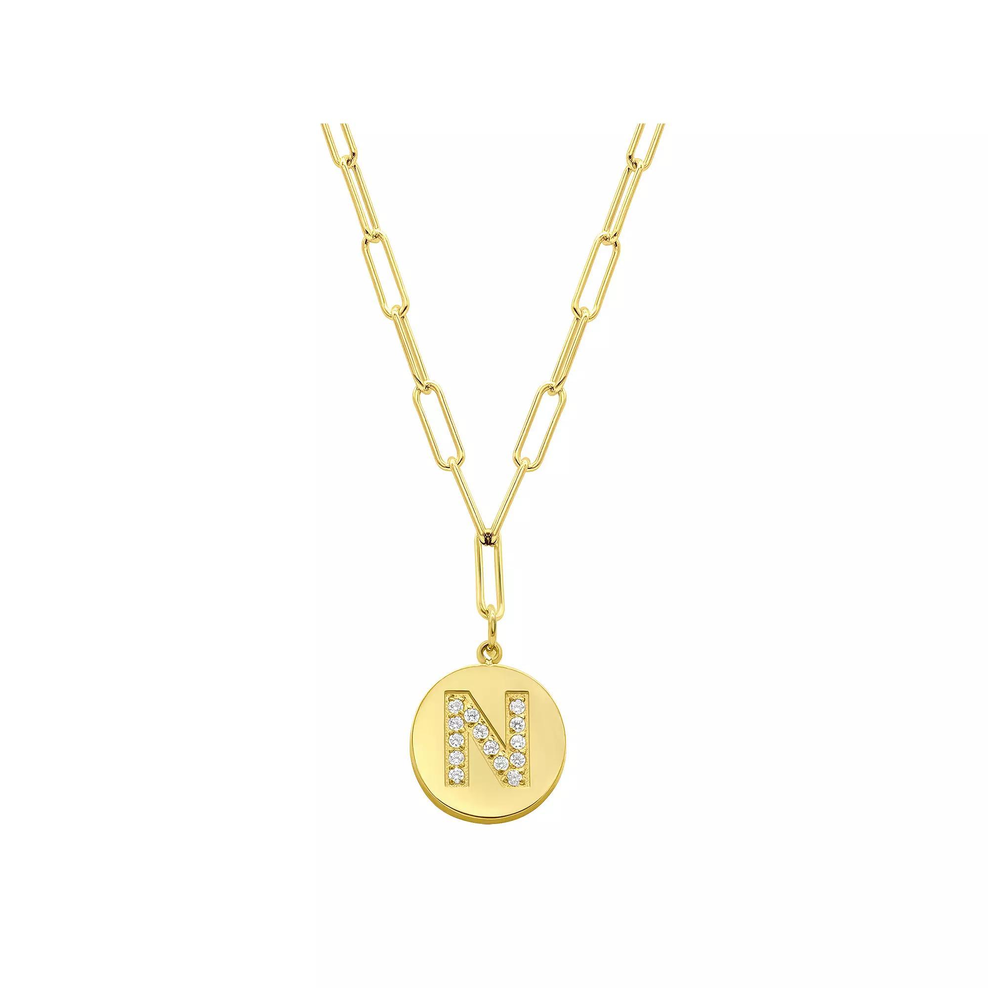 Adornia Gold Tone Adjustable Cubic Zirconia Initial Disc Pendant Paperclip Necklace, Womens Product Image