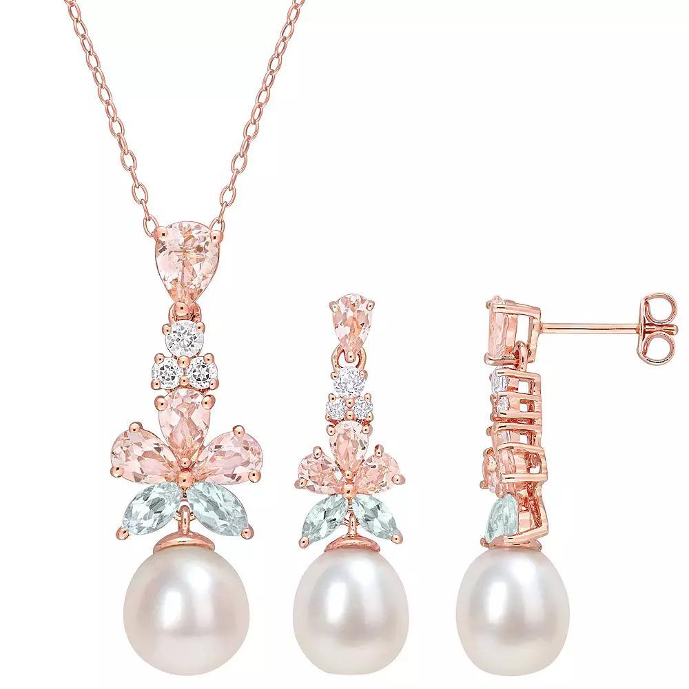 Stella Grace 18K Rose Plated Sterling Silver Multi-Gemstones & Freshwater Cultured Pearl Pendant Necklace & Earring Set, Women's, Size: 18", Pink Tone Product Image