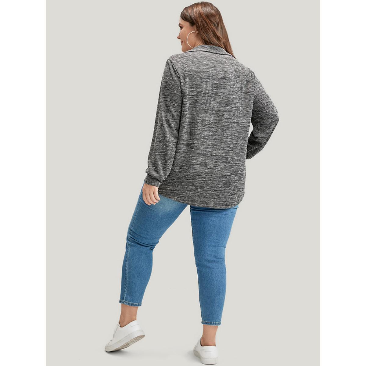 Plus Size Solid O Ring Zip Rib Knit Long Tee DimGray Women Elegant Zipper Plain Lapel Collar Dailywear T-shirts BloomChic 12/L Product Image