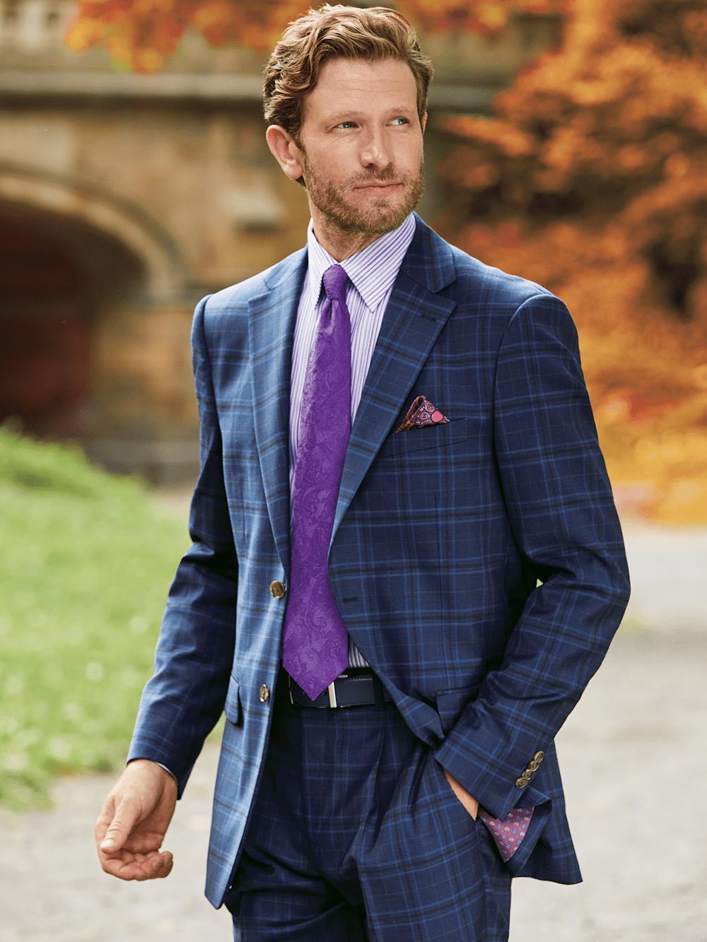 Wool Stretch Plaid Single Breasted Suit Jacket - Blue Product Image